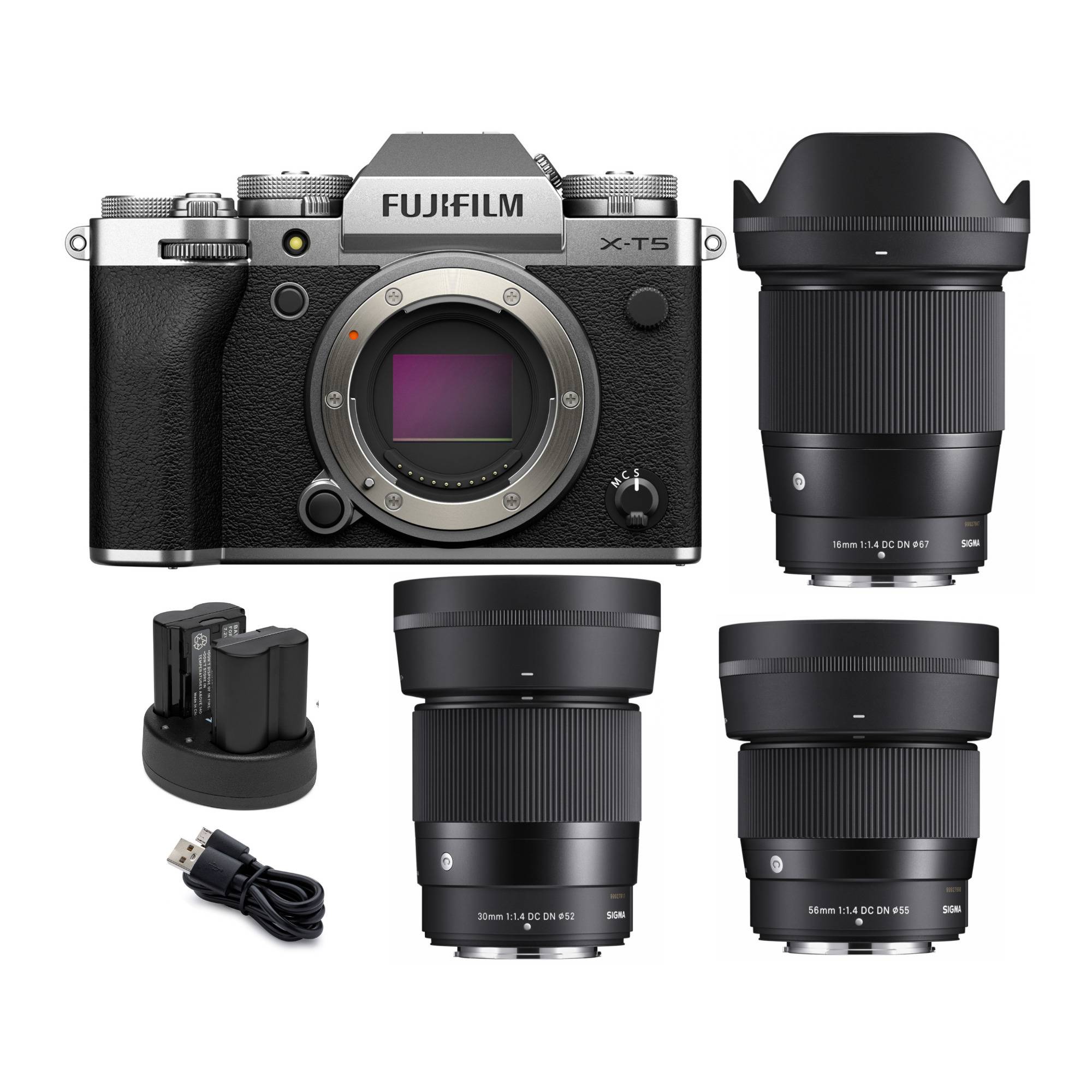 Fujifilm X-T5 Mirrorless Camera Body (Silver) with  56mm, 16mm, & 30mm Contemporary Lenses