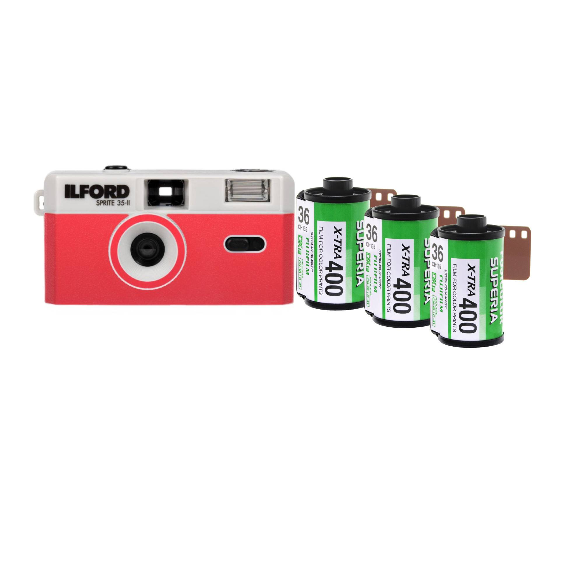 Ilford Sprite 35-II Reloadable 35mm Film Camera (Red) with 3x Fujicolor Superia X-TRA 400 Film