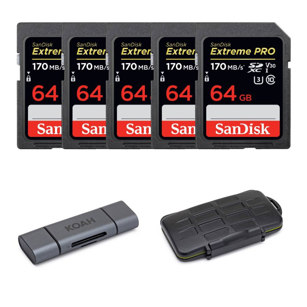 SanDisk 64GB Extreme PRO 200MB/s SDXC V30 Memory Card (5-Pack) with Storage Case and Card Reader