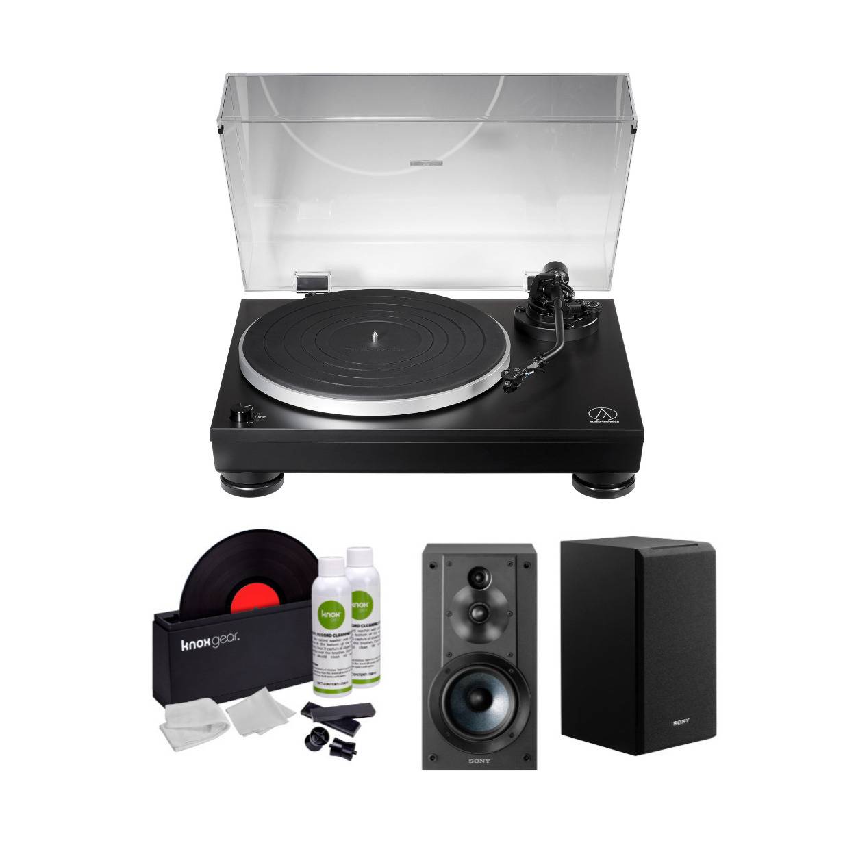 Audio Technica AT-LP5X Direct-Drive Turntable with Bookshelf Speakers (Pair) and Record Care Kit