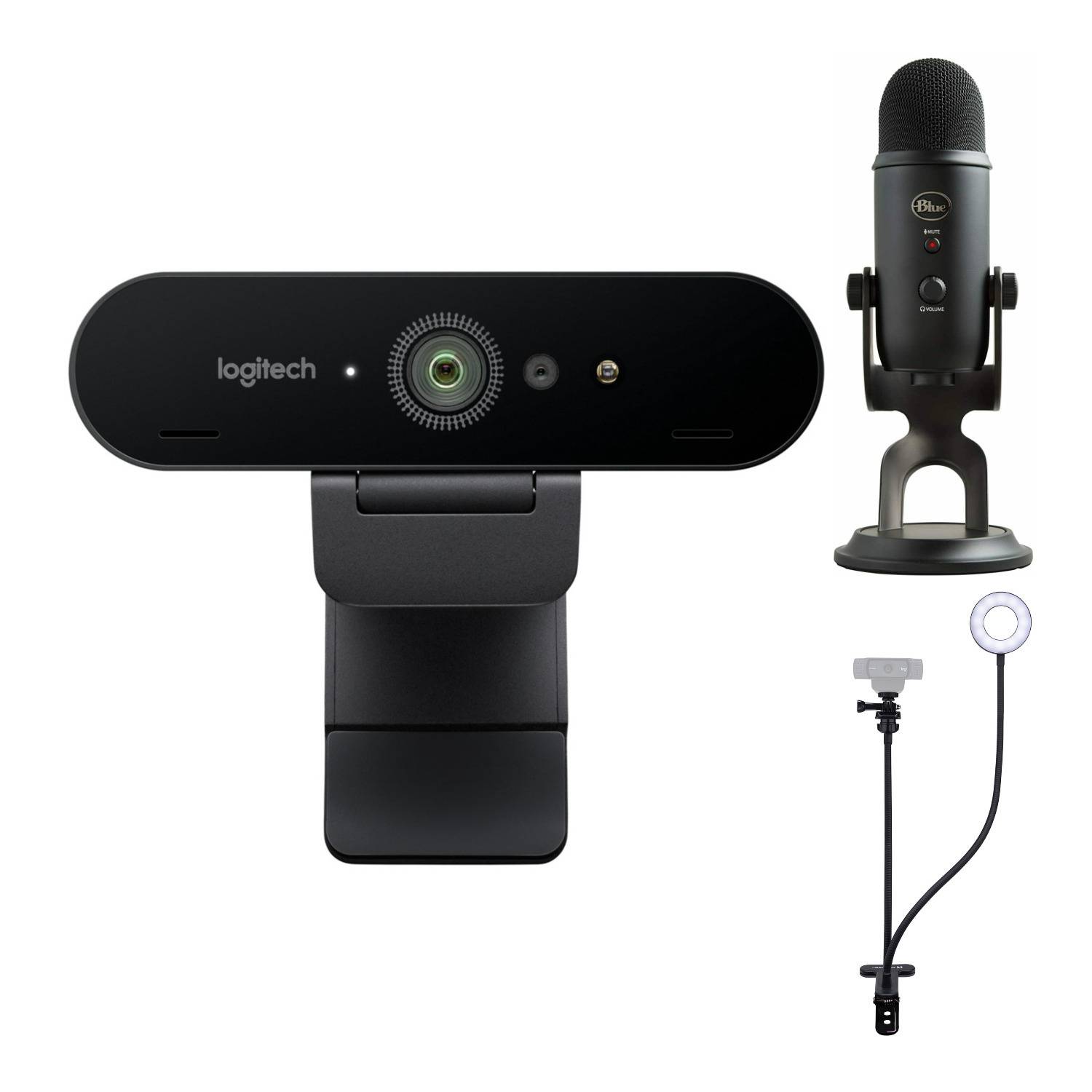 Logitech 4K Pro Webcam Bundle With Blue Microphones Yeti Blackout and Ring Light With Webcam Stand