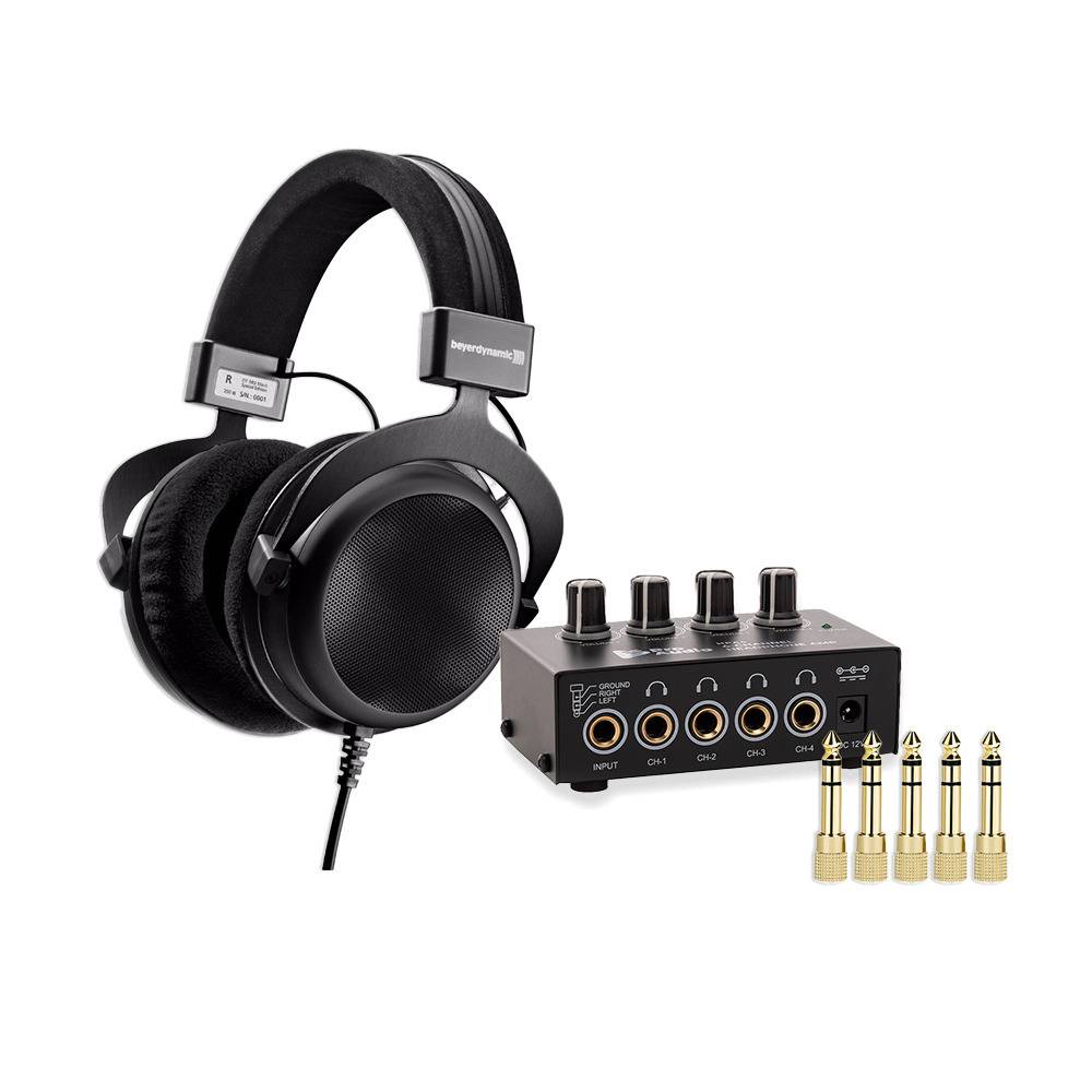Beyerdynamic DT 880 250 Ohms Headphones (Black) with FocusProAudio Amplifier, and AUX Adapters