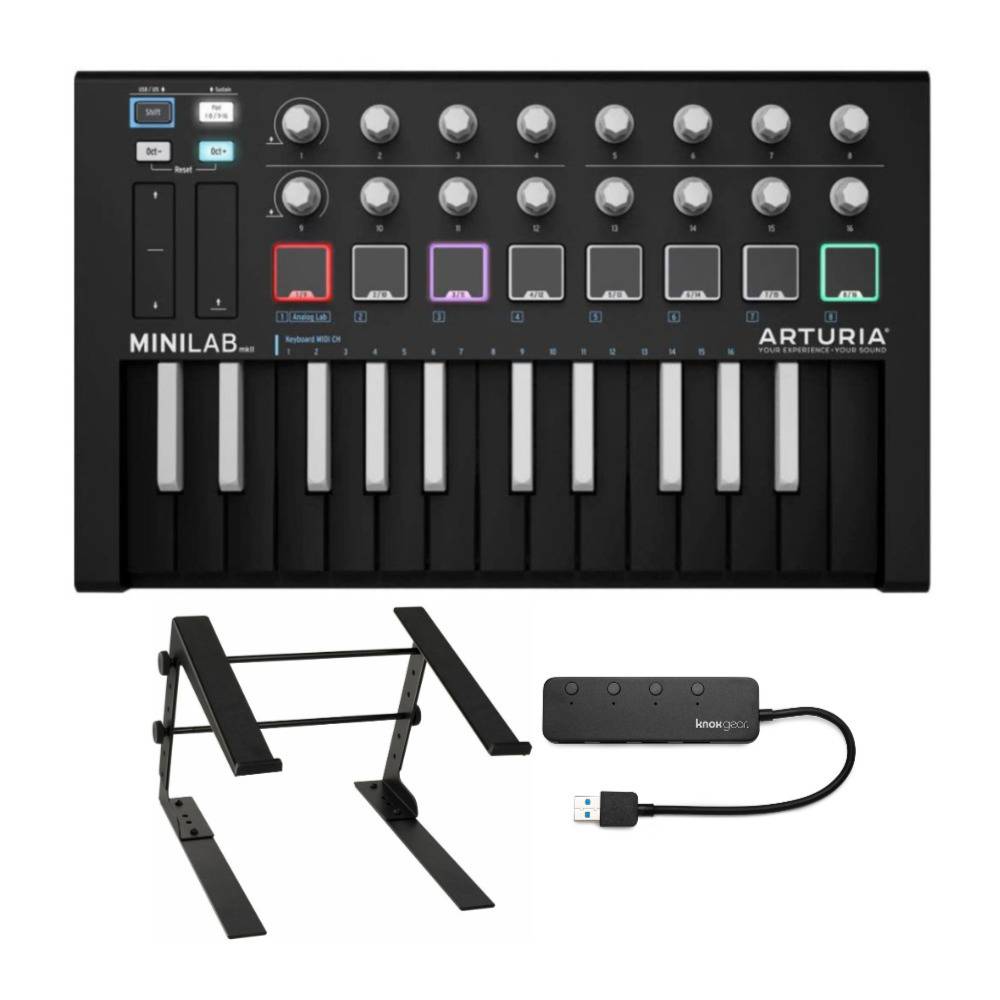 Arturia MiniLab MKII Inverted MIDI Controller with Laptop Stand and Knox Gear 4-Port USB Port