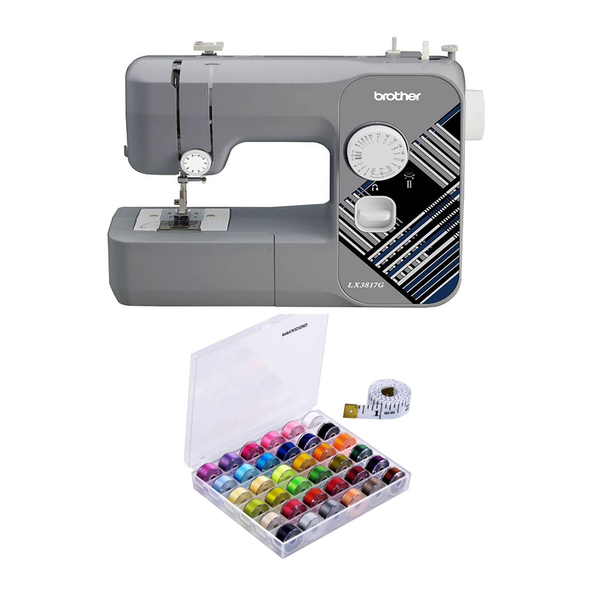Brother RLX3817G 17-Stitch Sewing Machine (Gray) with 36-Piece Bobbins and Sewing Threads Set