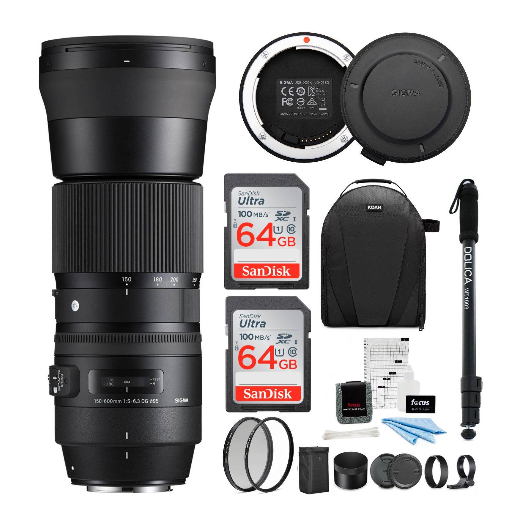 Sigma 150-600mm f/5-6.3 DG OS HSM Contemporary Lens for Nikon with USB Dock and 64GB SD Cards Bundle