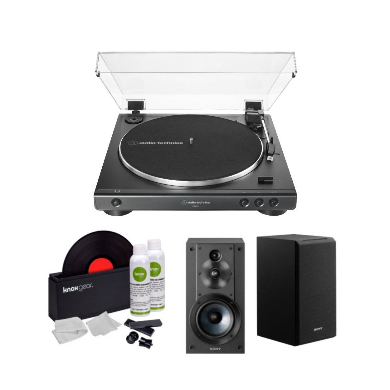 Audio-Technica AT-LP60X Fully Automatic Turntable with Bookshelf Speakers (Pair) and Record Care Kit