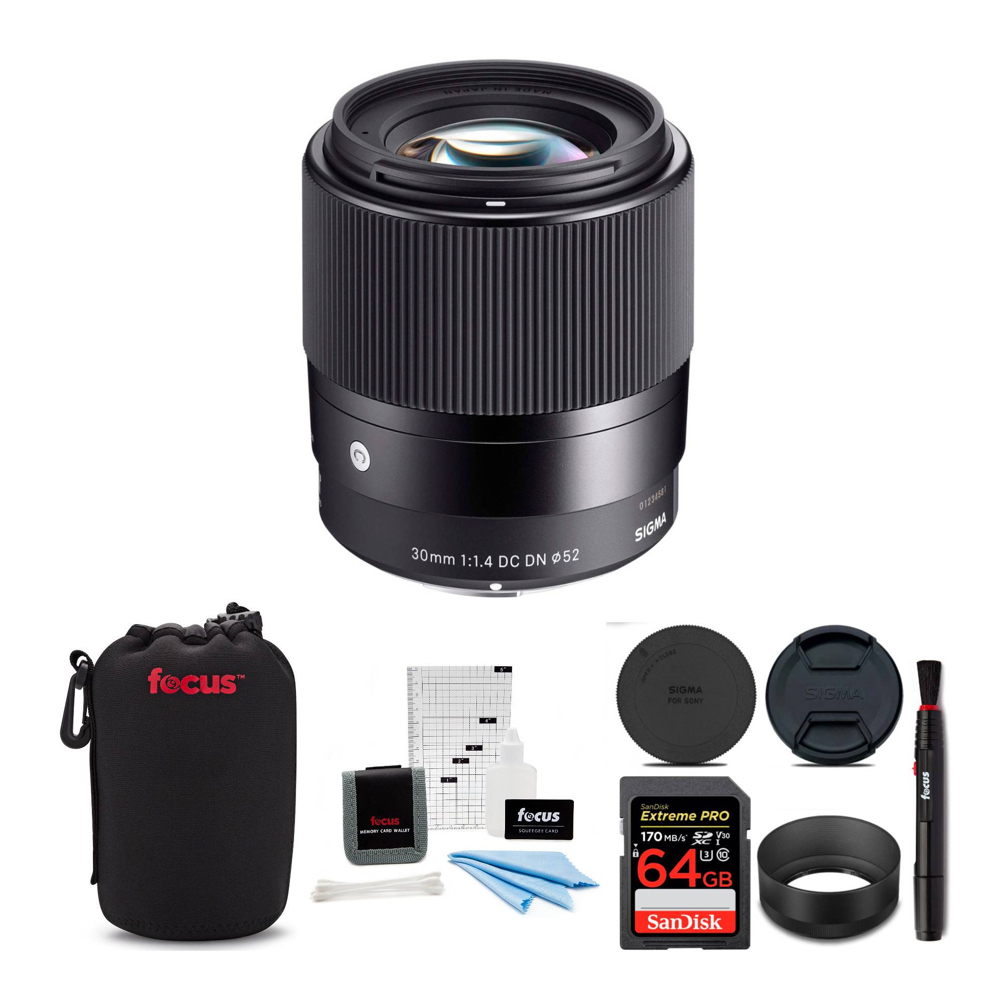 Sigma 30mm f/1.4 DC DN Contemporary Prime Lens for Sony E-Mount with 64GB Card and Accessory Bundle