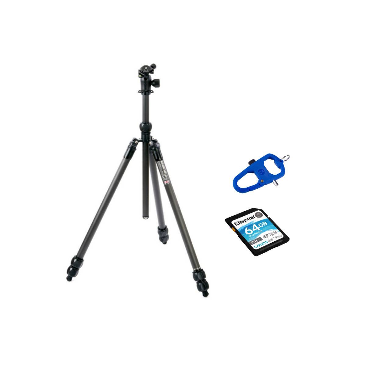 3 Legged Thing Winston 2.0 Tripod Kit with AirHed Pro Ball Head (Black) w/ EQTOOLZ and 64GB SD Card