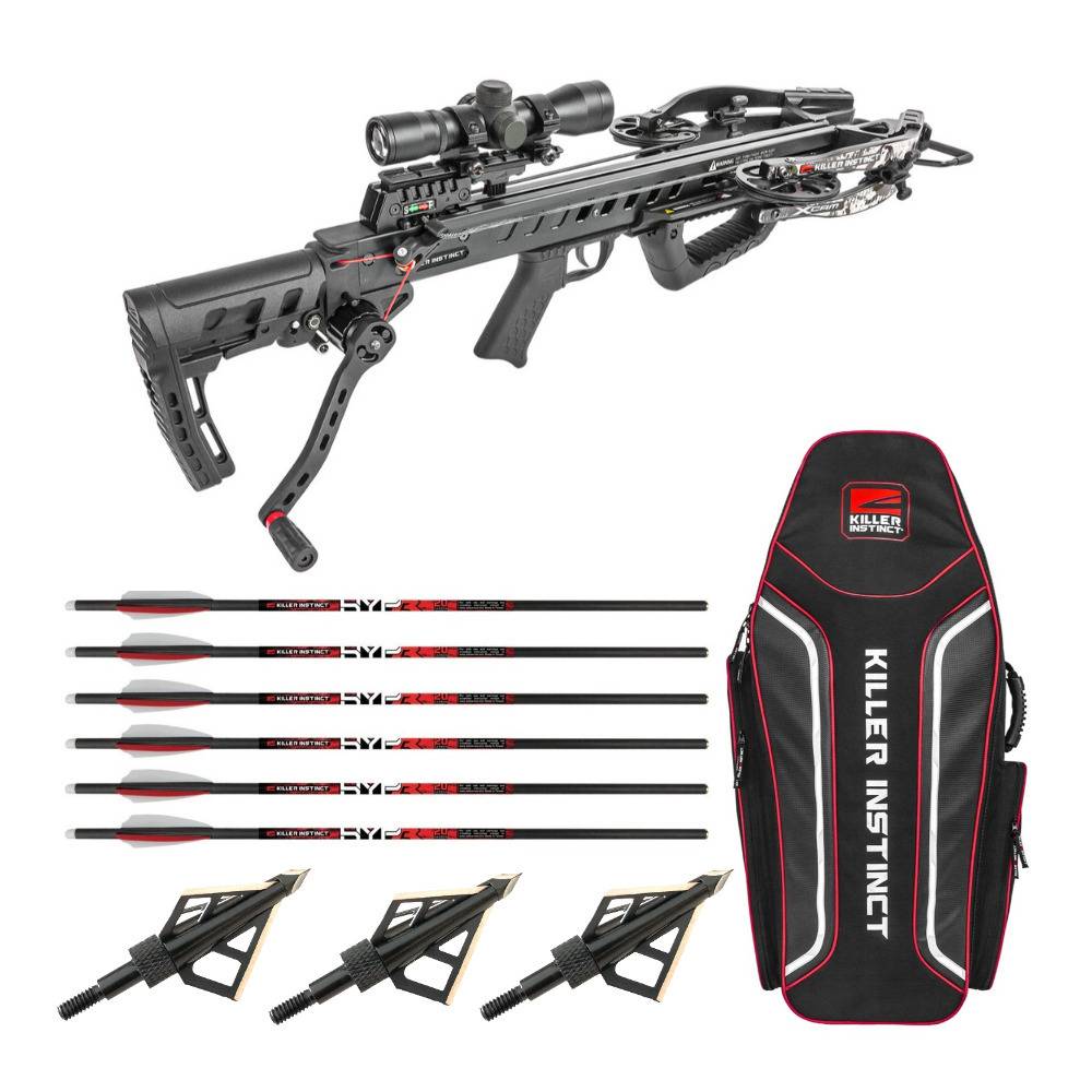 Killer Instinct Fatal-X Crossbow with Dead Silent Crank and 6 Arrows, 3 Broadheads, and Case Bundle
