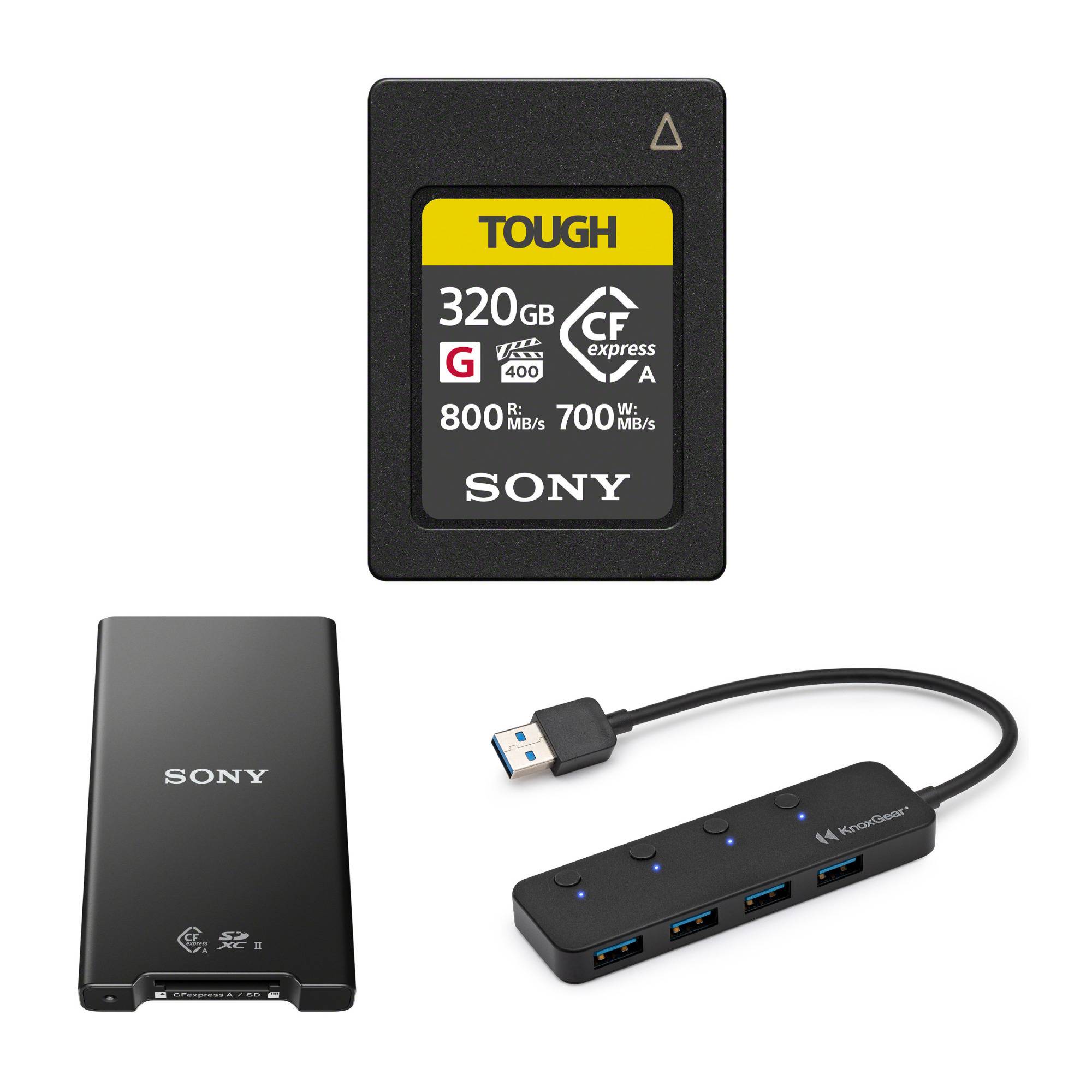 Sony CFexpress 320GB Type A Memory Card with Sony MRWG2 CFexpress Type A/SD Reader and USB Hub