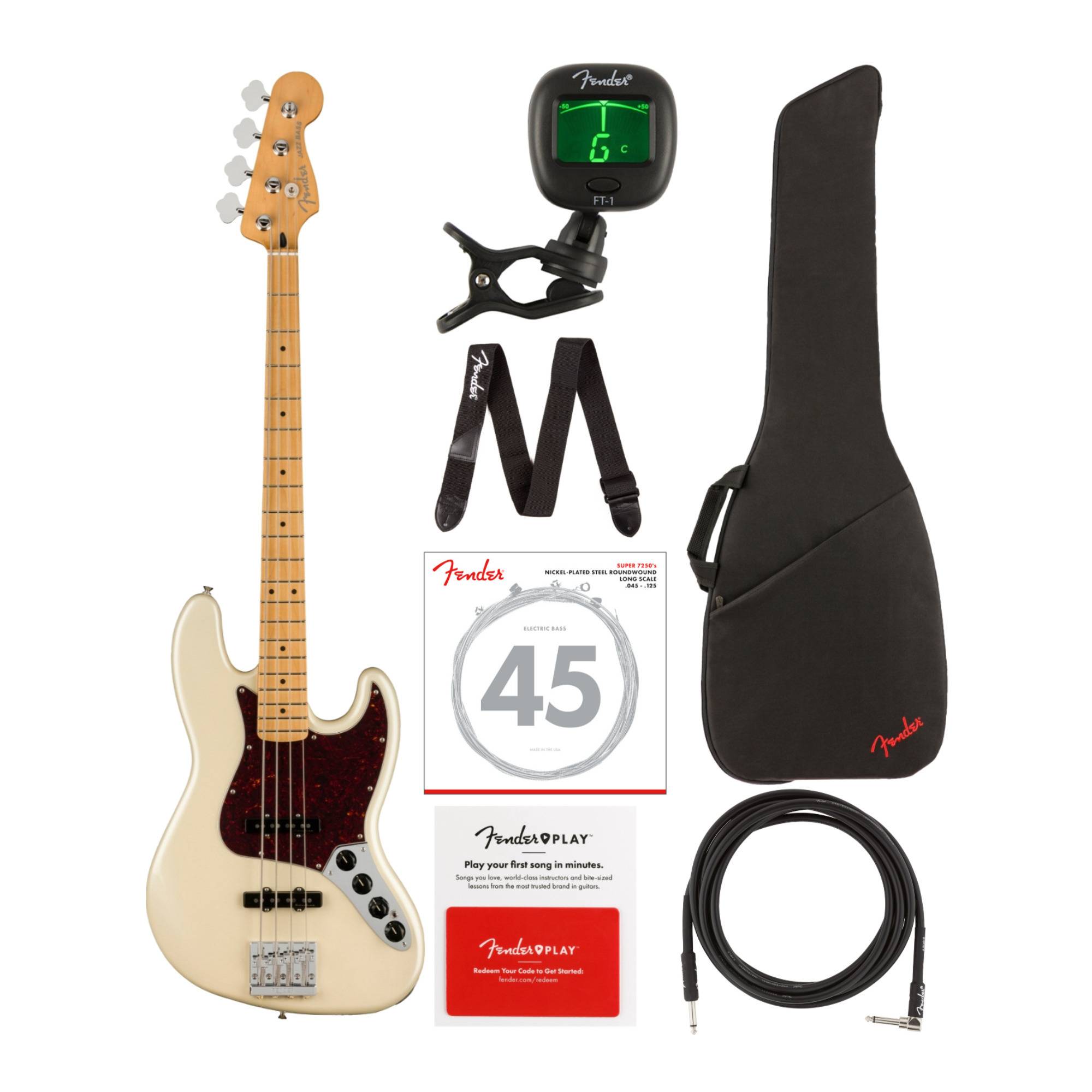 Fender Player Plus 4-String Maple Fingerboard Jazz Bass Guitar (Right-Handed, Olympic Pearl) Bundle