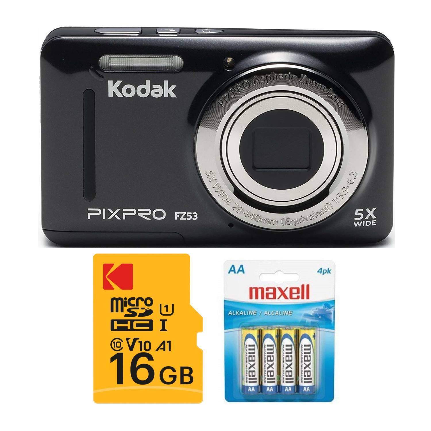 Kodak PIXPRO Friendly Zoom FZ53 Digital Camera (Black)  with 16GB SD Card and Accessory Bundle
