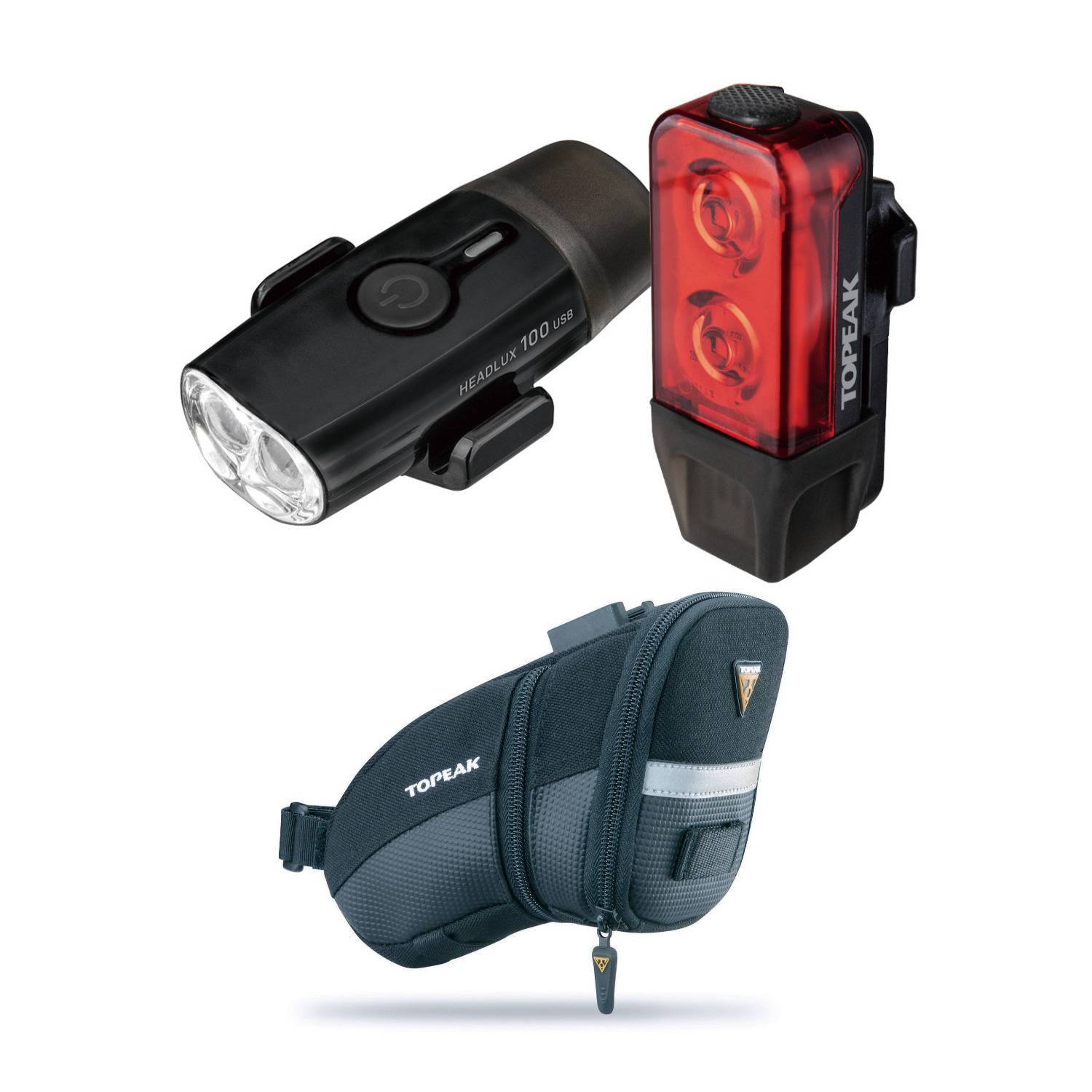 Topeak PowerLux USB Combination Light Set with Aero Wedge Pack QuickClick Bike Seat Bag (Medium)