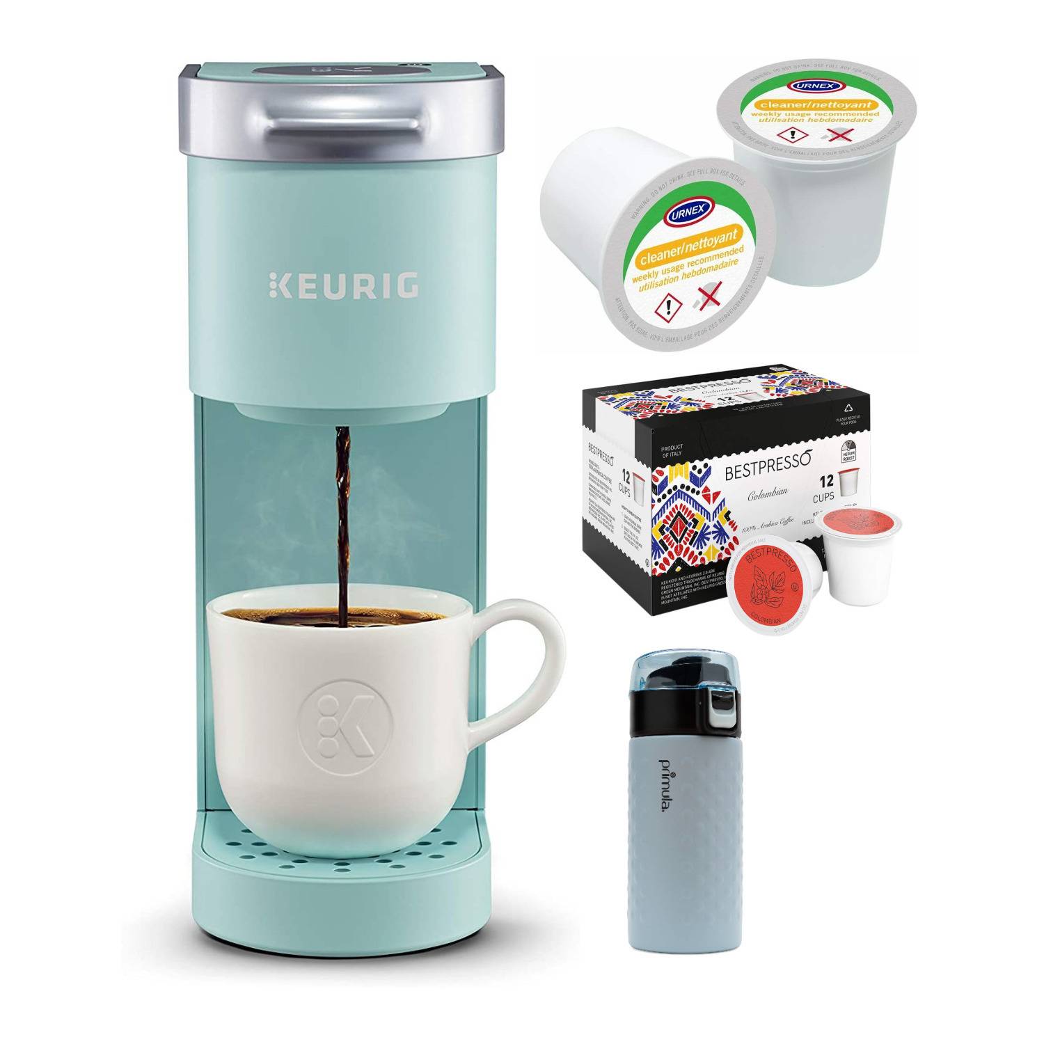 Keurig K-Mini Single Serve Coffee Maker with Colombian Roast Coffee, Cleaning Cups and Tumbler