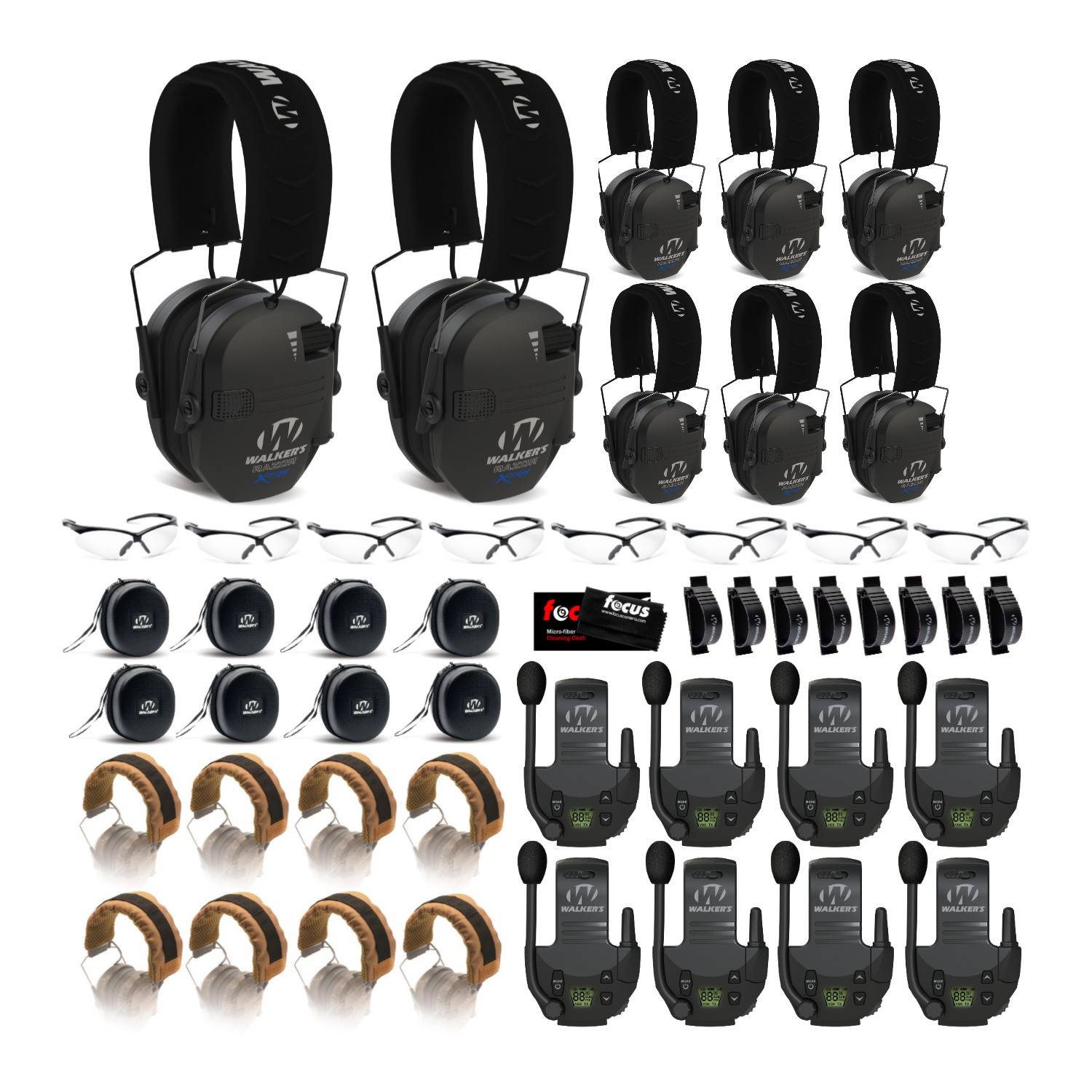 Walker's Razor X-TRM Digital Ear Muffs (Black, 8-Pack) with Walkie Talkie Attachments, Cases, and Headband Wraps Bundle