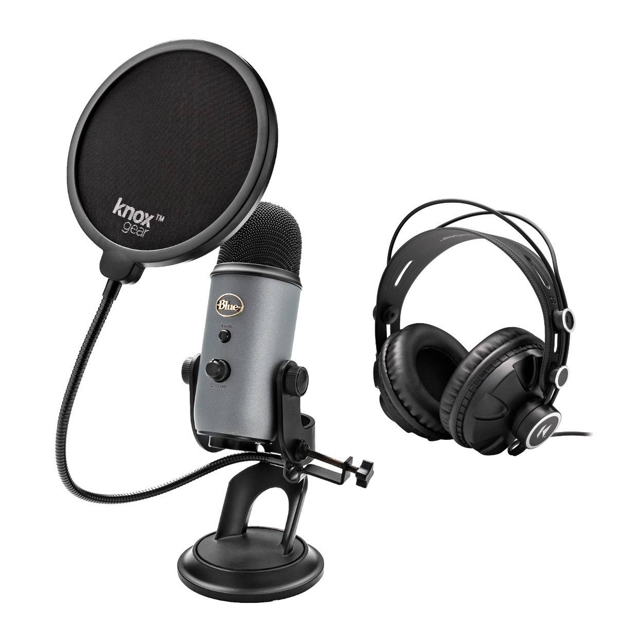 Blue Microphones Yeti Slate USB Microphone Bundle with Over-Ear Headphone and Knox Gear Pop Filter