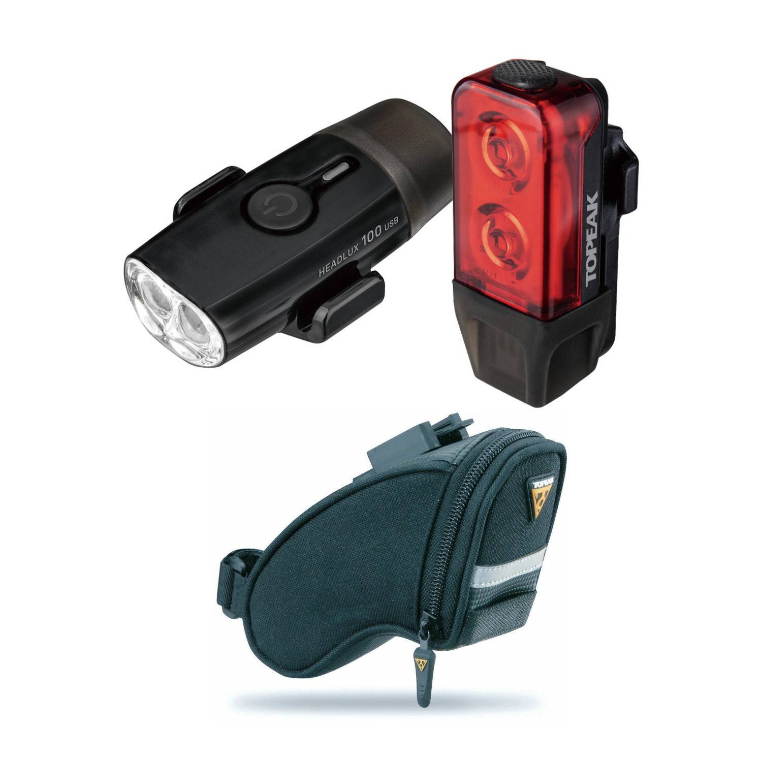 Topeak PowerLux USB Combination Light Set with Aero Wedge Pack QuickClick Bike Seat Bag (Micro)