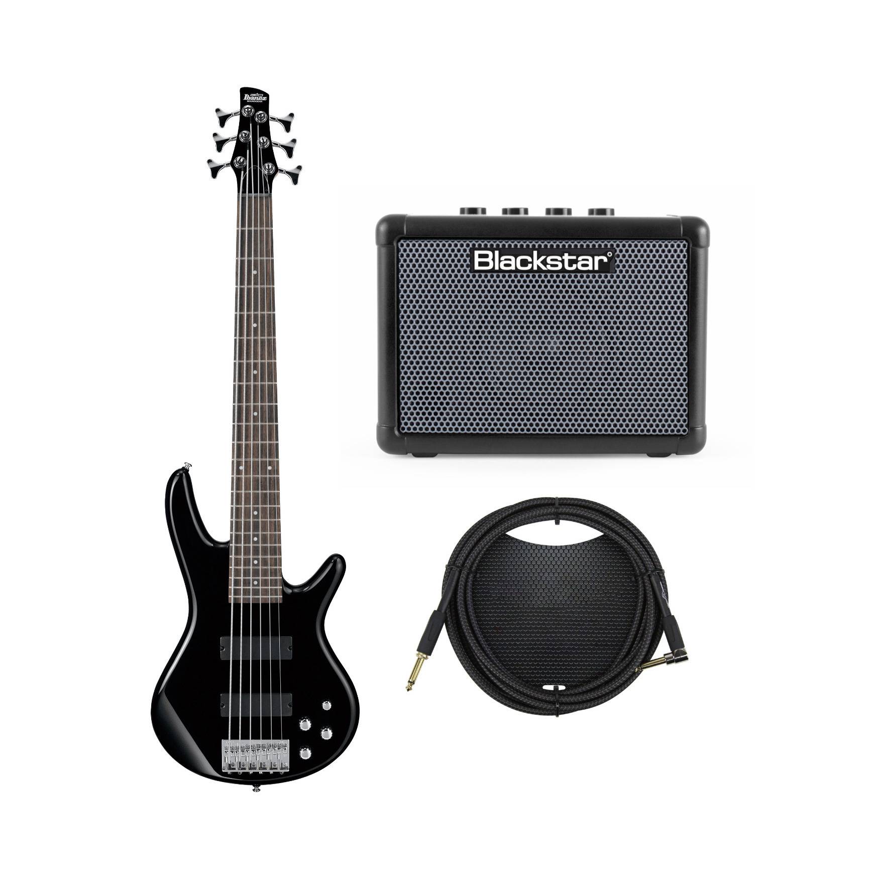 Ibanez GIO GSR206 6-String Electric Bass (Black) Bundle with Blackstar FLY3 Bass Amp and 10-Ft Cable