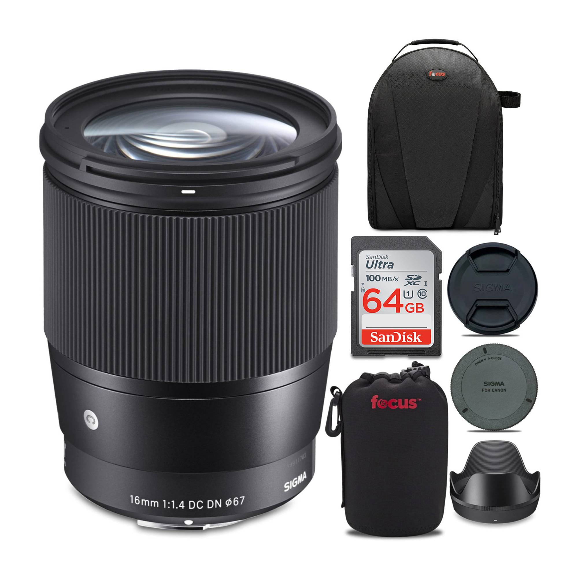 Sigma 16mm f/1.4 DC DN Contemporary Lens for Canon EF-M with 64GB Ultra SDXC UHS-I Card Bundle