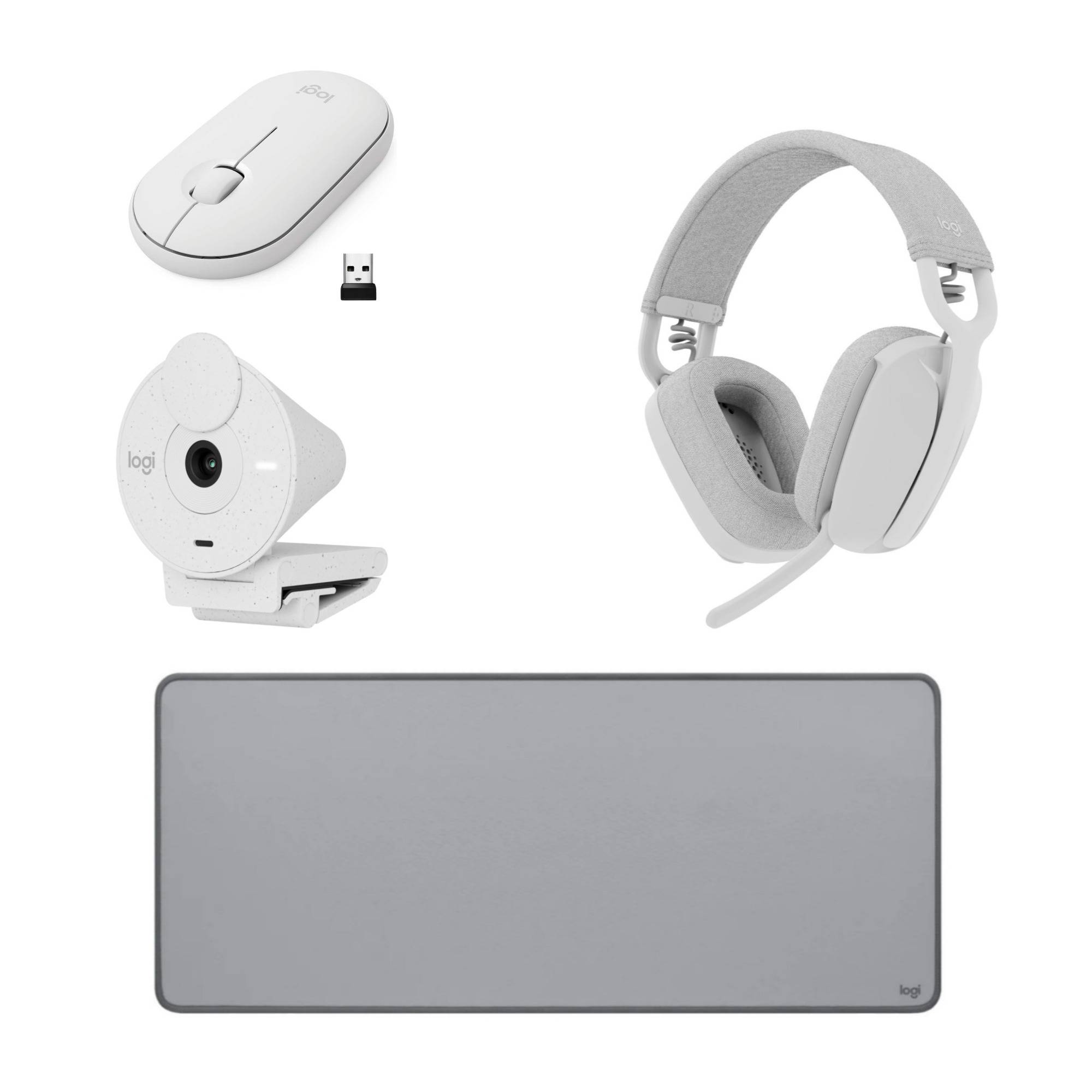 Logitech Zone Vibe 100 Wireless Headphones (Off White) with Webcam, Pebble M350 Mouse, and Desk Mat