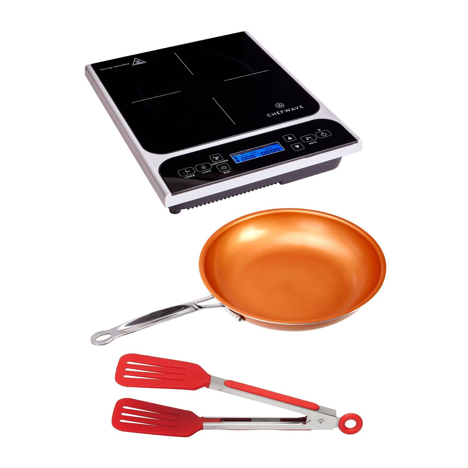 ChefWave LCD 1800W Portable Induction Cooktop Bundle with 10-Inch Fry Pan and 8-Inch Flipper Tongs