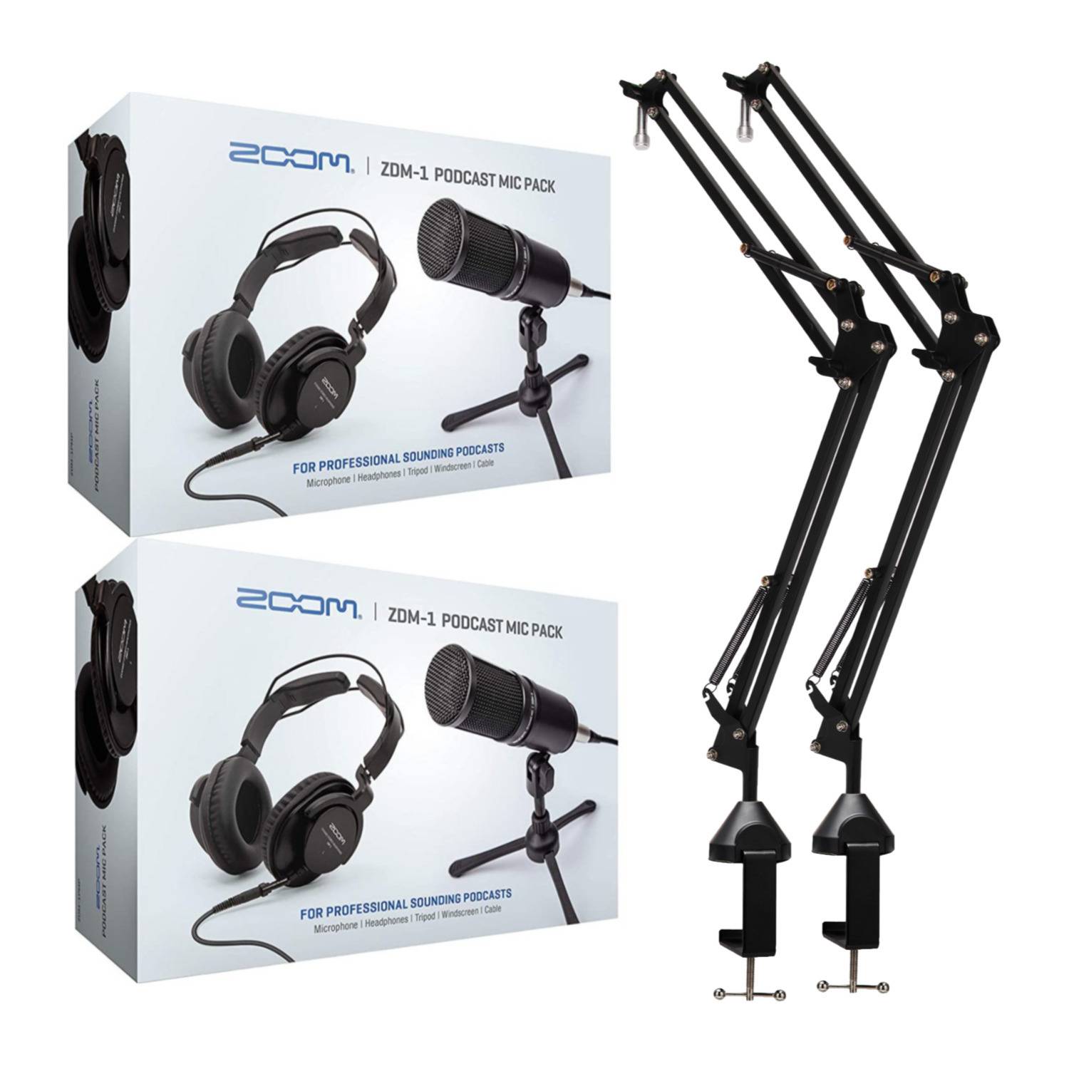 Zoom ZDM-1 2-Person Podcast Microphone Pack Accessory Bundle and Two Knox Gear Boom Arm