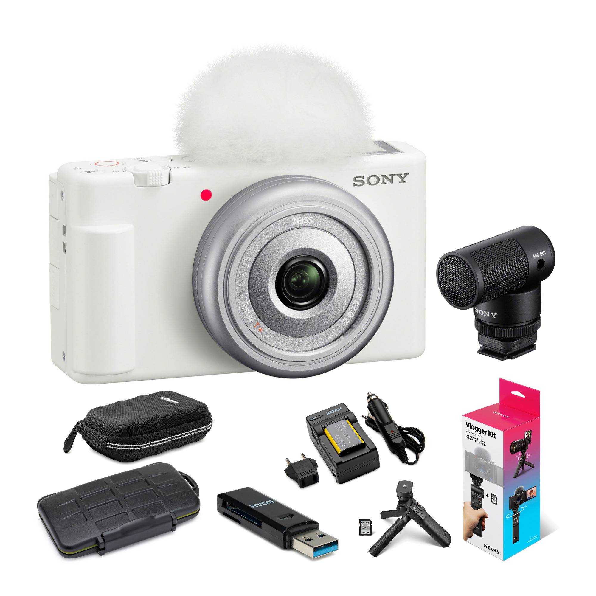 Sony ZV-1F Vlog Camera (White) with Vlogger Shotgun Microphone and Vlogger Accessory Kit bundle
