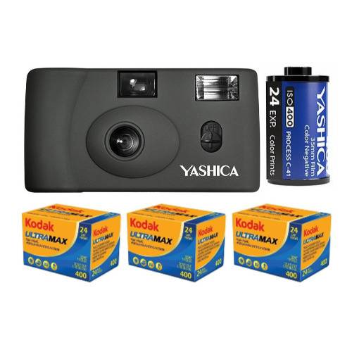 YASHICA MF-1 Snapshot Art 35mm Film Camera Set (Gray) with Four 400 Film Rolls