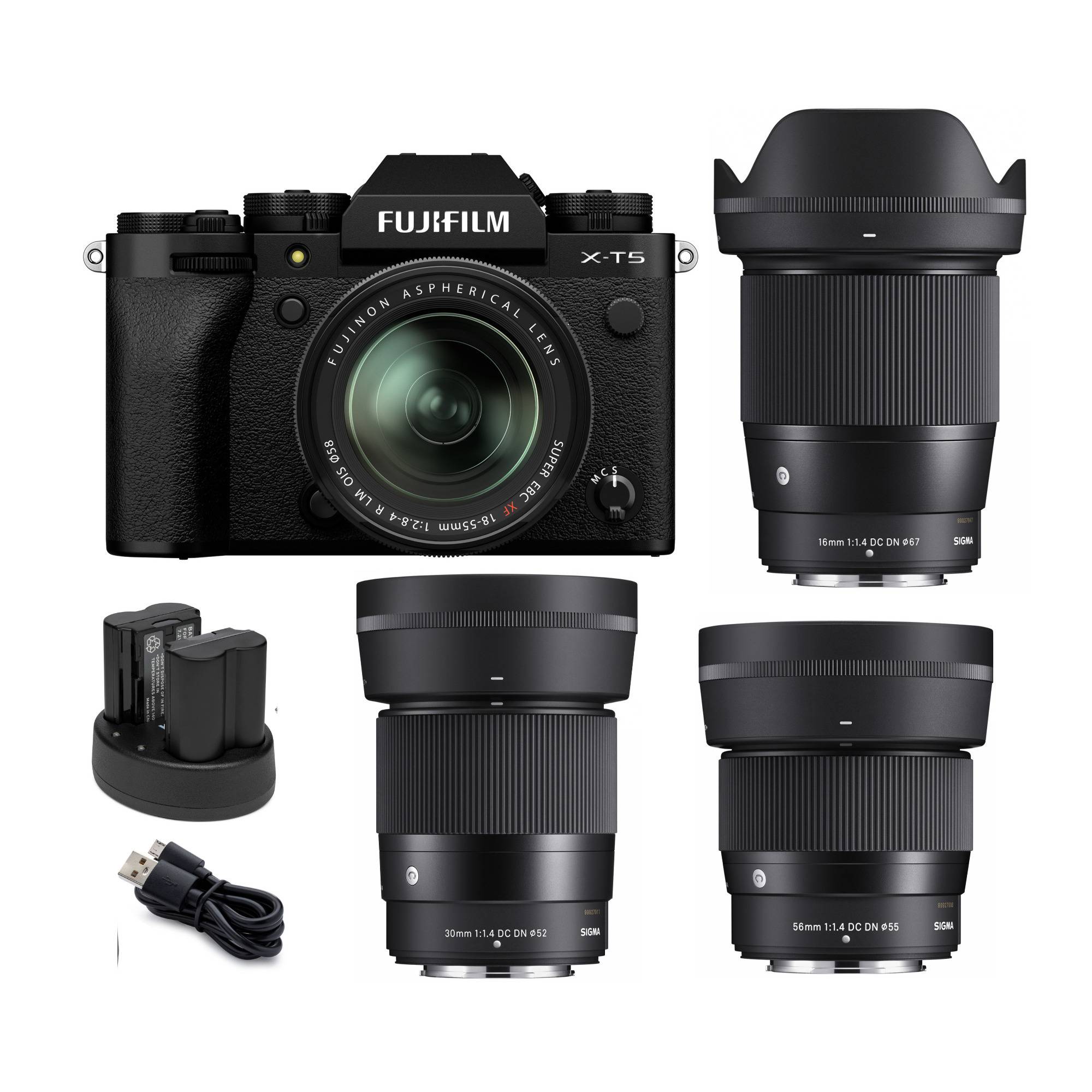 Fujifilm X-T5 Mirrorless Camera Body with XF18-55 (Black) & 56mm, 30mm and 16mm Lens