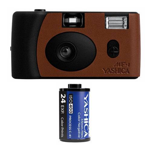 YASHICA MF-1 Snapshot Art 35mm Film Camera Set (Black/Brown Leather)