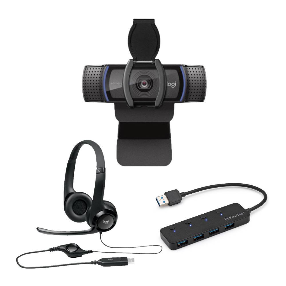 Logitech C920S Pro Stream Webcam Full 1080p/30fps with Logitech H390 Headset & Knox 4-Port USB Hub