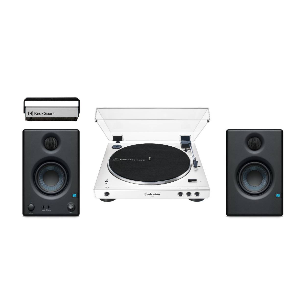 Audio-Technica AT-LP60XBT-WW Bluetooth Automatic Turntable (White) with Bluetooth Speakers Bundle