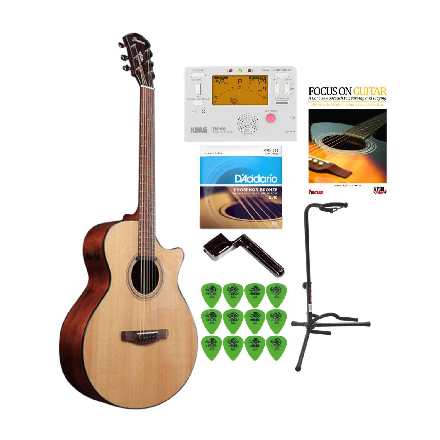 Ibanez AE275BT 6-String Acoustic-Electric Guitar with Tuner, Stand and Strings Bundle