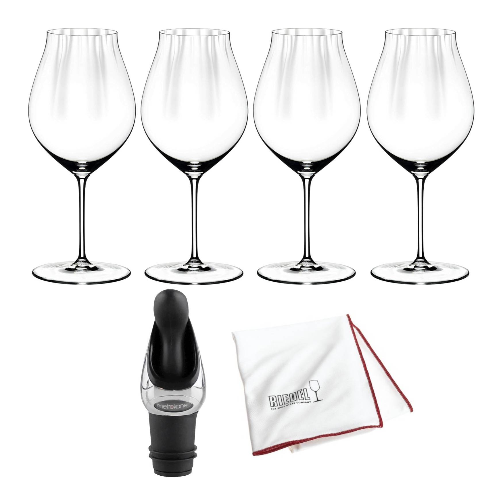 Riedel Performance Pinot Noir Wine Glass (4-Pack) with Large Polishing Cloth and Wine Pourer Bundle