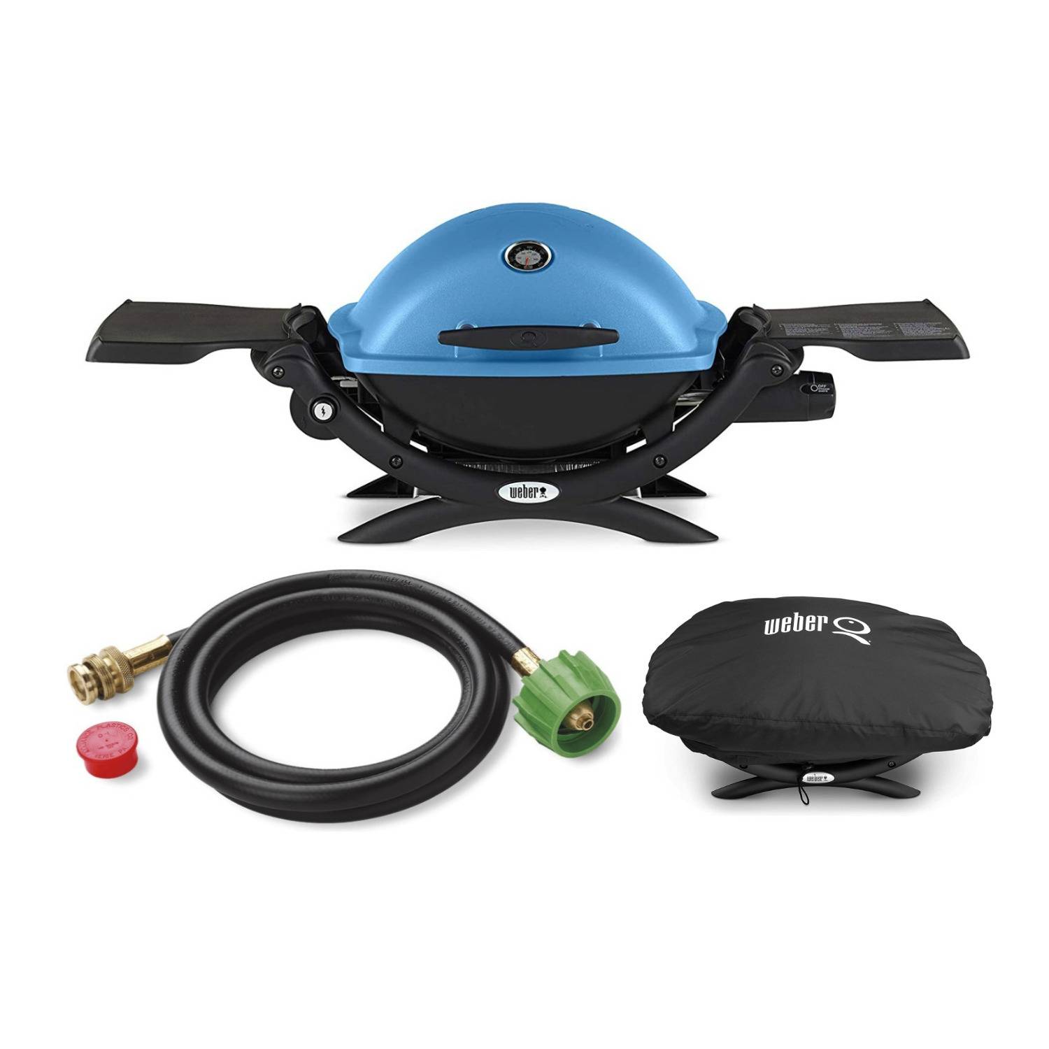 Weber Q 1200 Liquid Propane Grill (Blue) with Adapter Hose and Cover