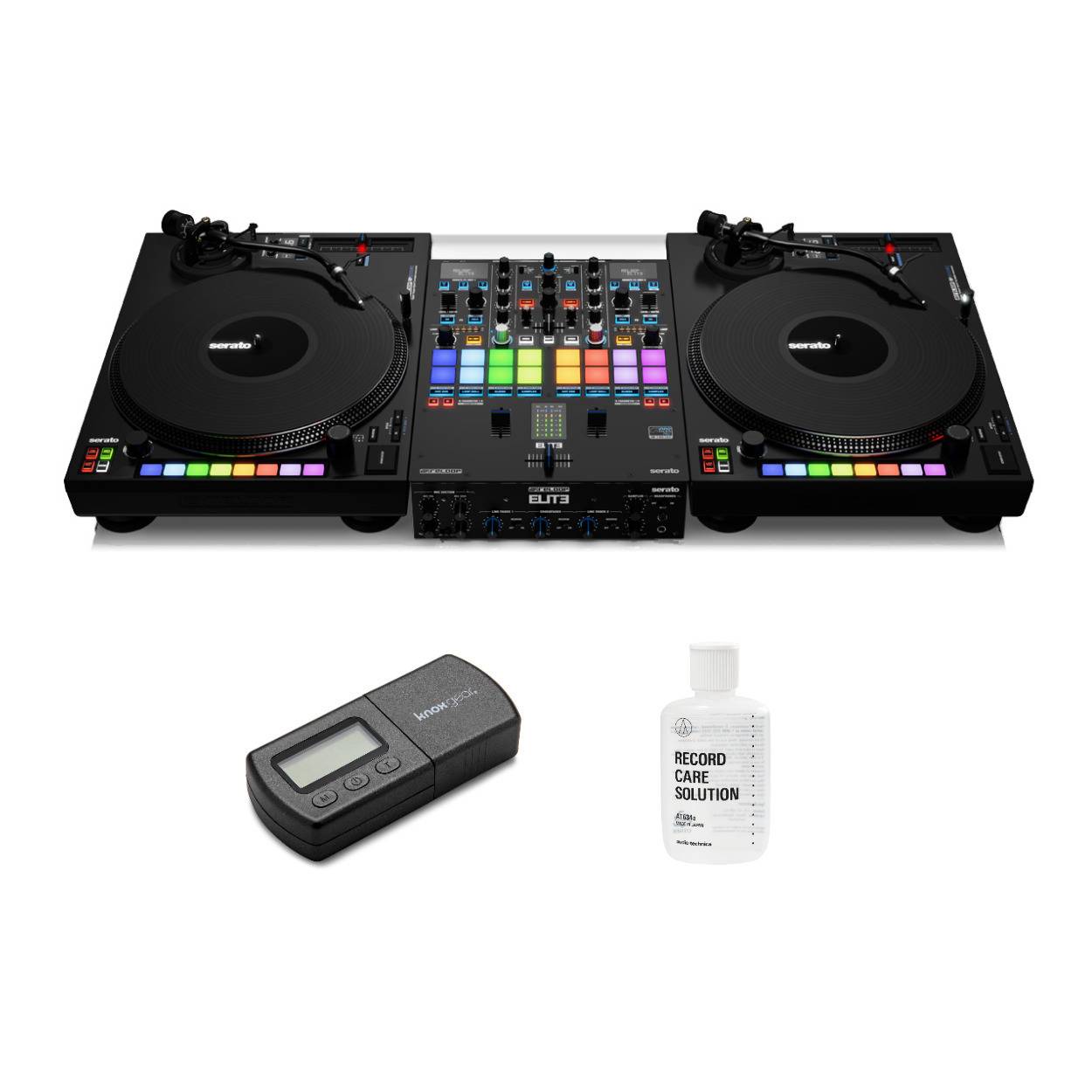 Reloop Elite High-Performance Mixer with Audio Technica AT-LP140XP-BK Turntable (Pair) and Care Kit