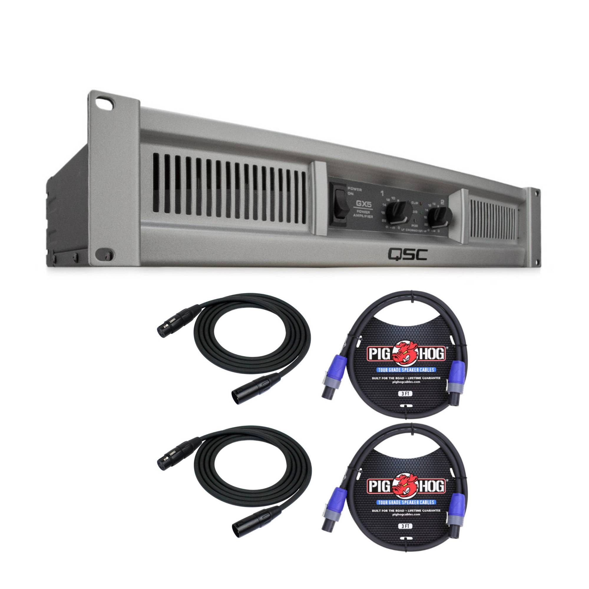 QSC GX5 500 Watt 8 Ohm Power Amplifier with XLR Cables (2) and Speakon Cables (2)