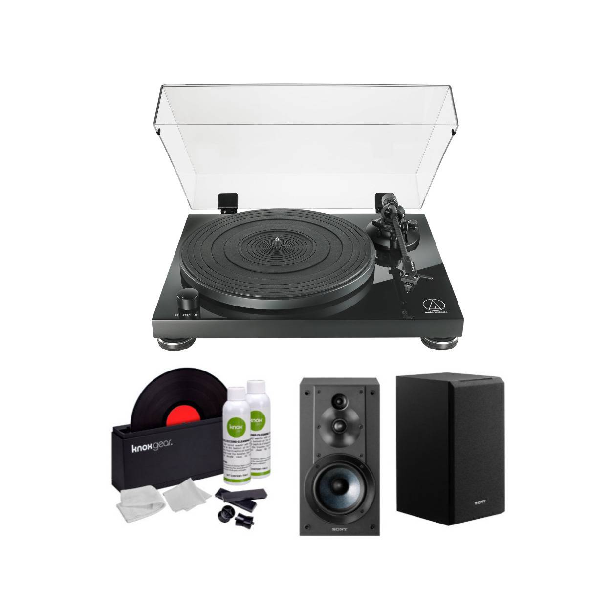 Audio Technica AT-LPW50PB Manual Belt-Drive Turntable with Speakers (Pair) and Care Kit