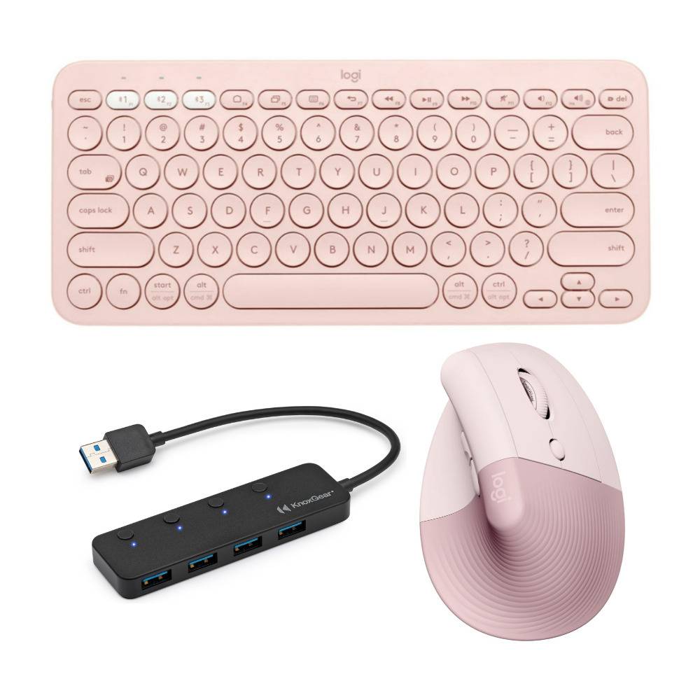 Logitech Lift Vertical Wireless Ergonomic Mouse with K380 Keyboard (Rose) and USB Hub