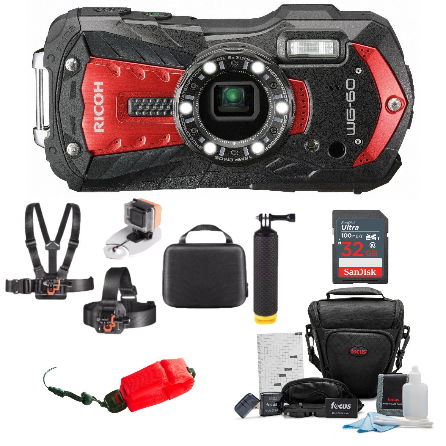 Ricoh WG-60 Digital Camera (Red) with 32GB SD Card, Case and Adventure On Water Action Bundle