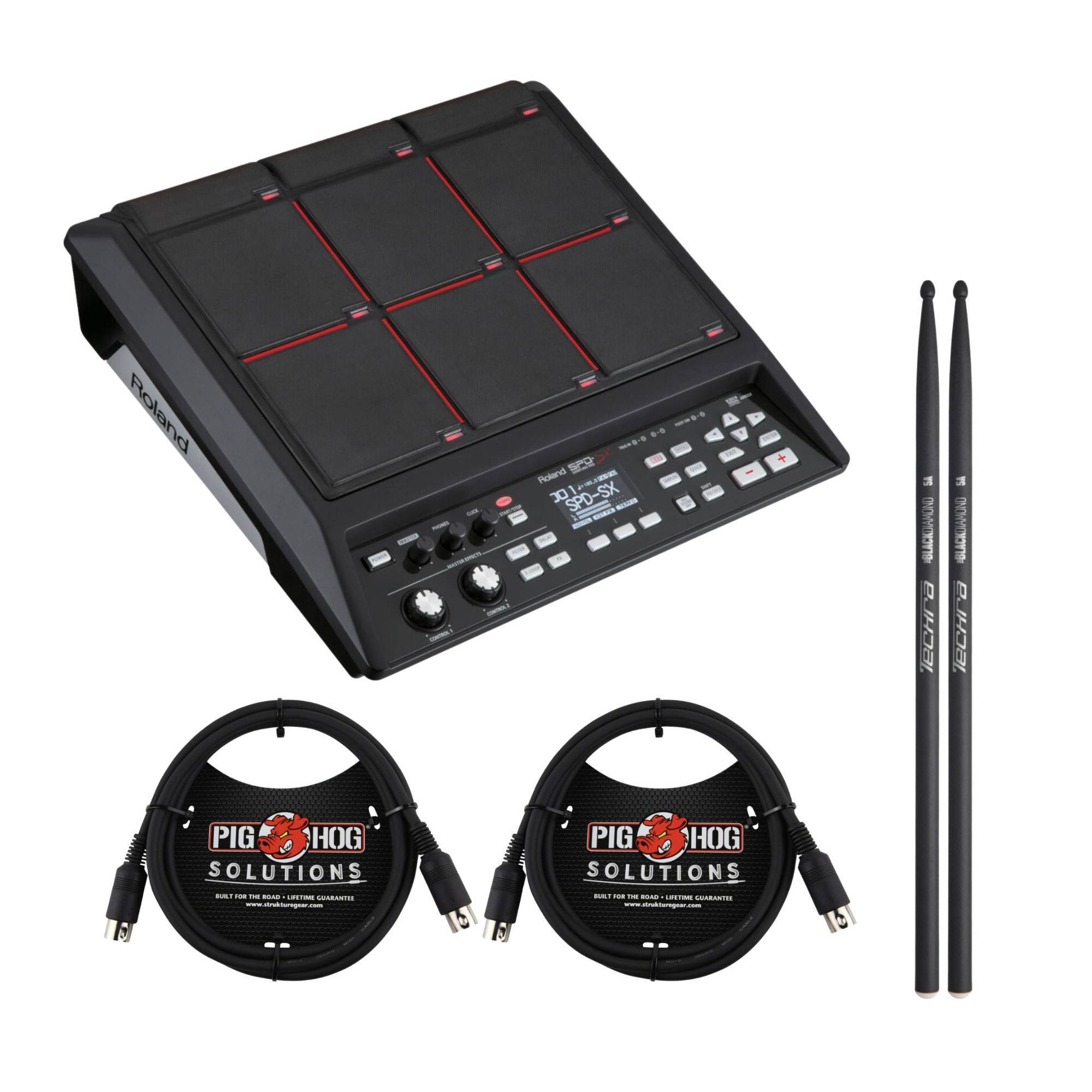 Roland SPD-SX Velocity-Sensitive Sampling Pad with Techra 5A Drumsticks and MIDI Cables