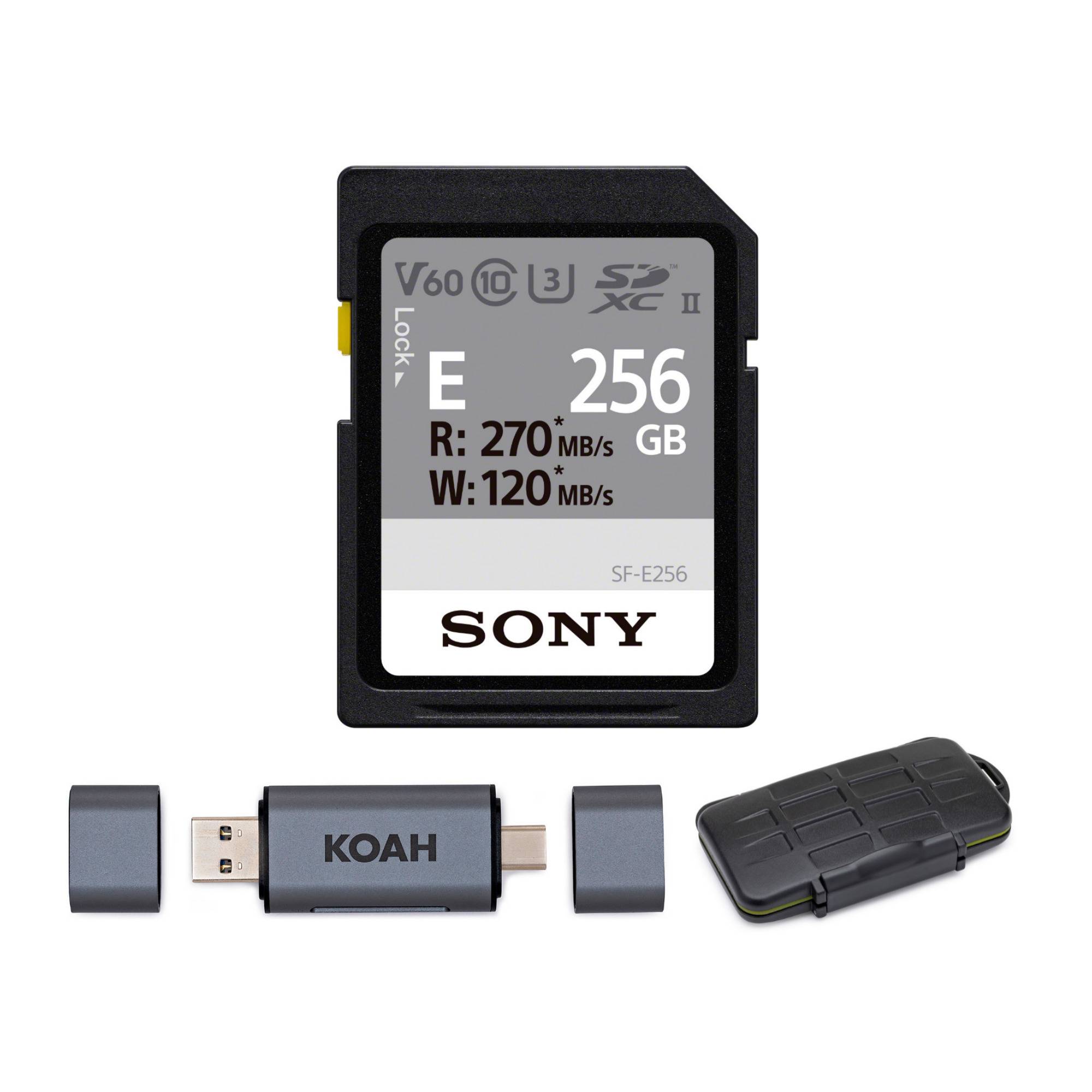Sony 256GB E-Series High Speed SD Card with Koah Pro Card Reader and Rugged Memory Card Storage Case