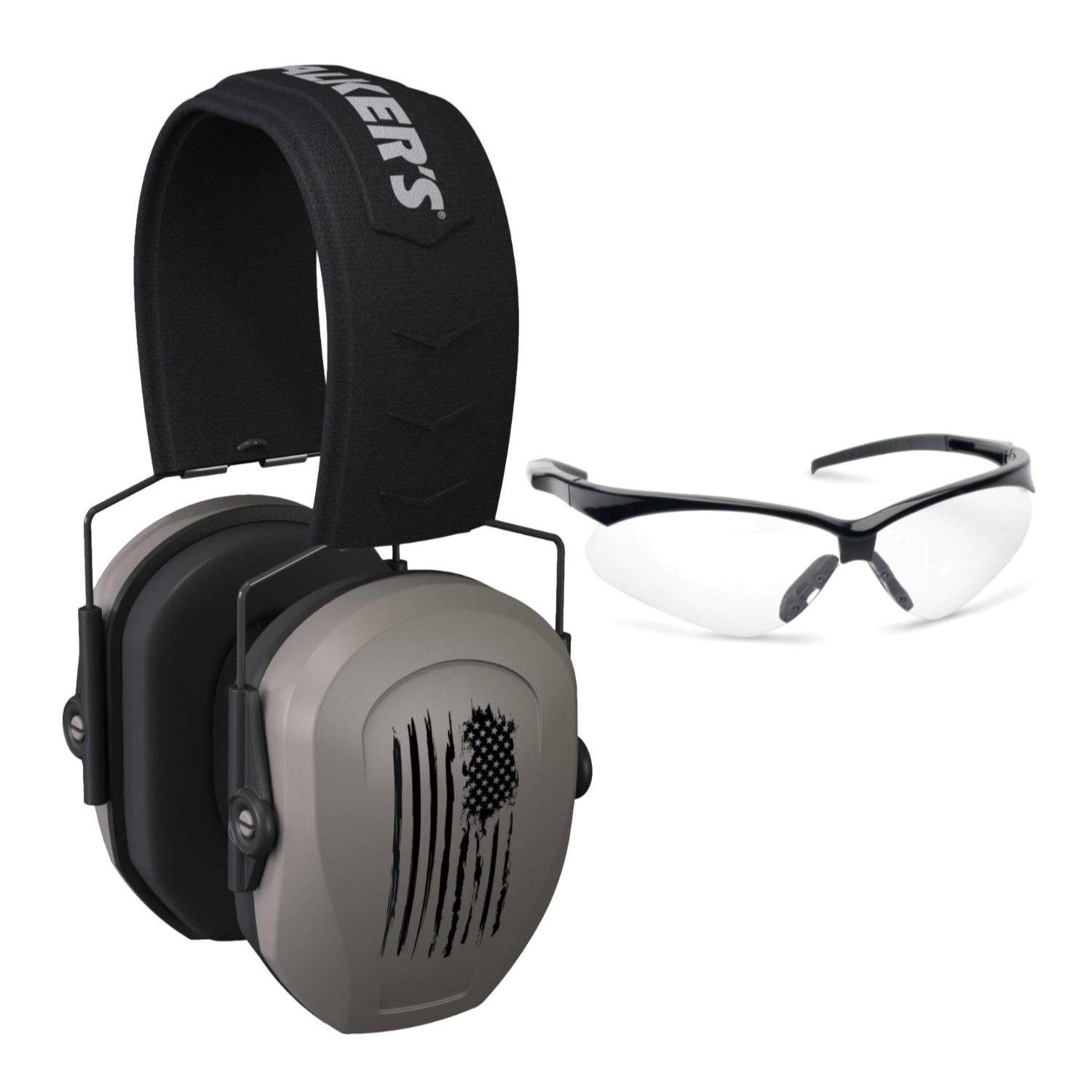 Walker's Razor Slim Passive Safety Ear Muffs (FDE American Flag) with Shooting Glasses