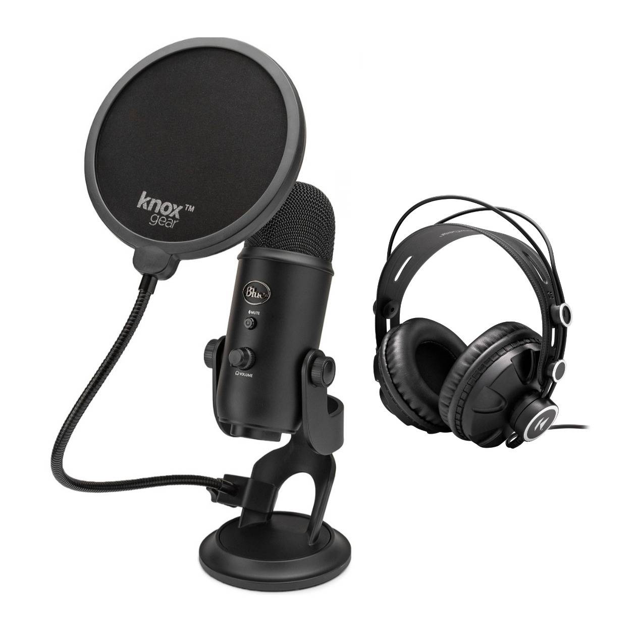 Blue Yeti USB Microphone (Blackout) with Knox Gear Headphones and Pop Filter