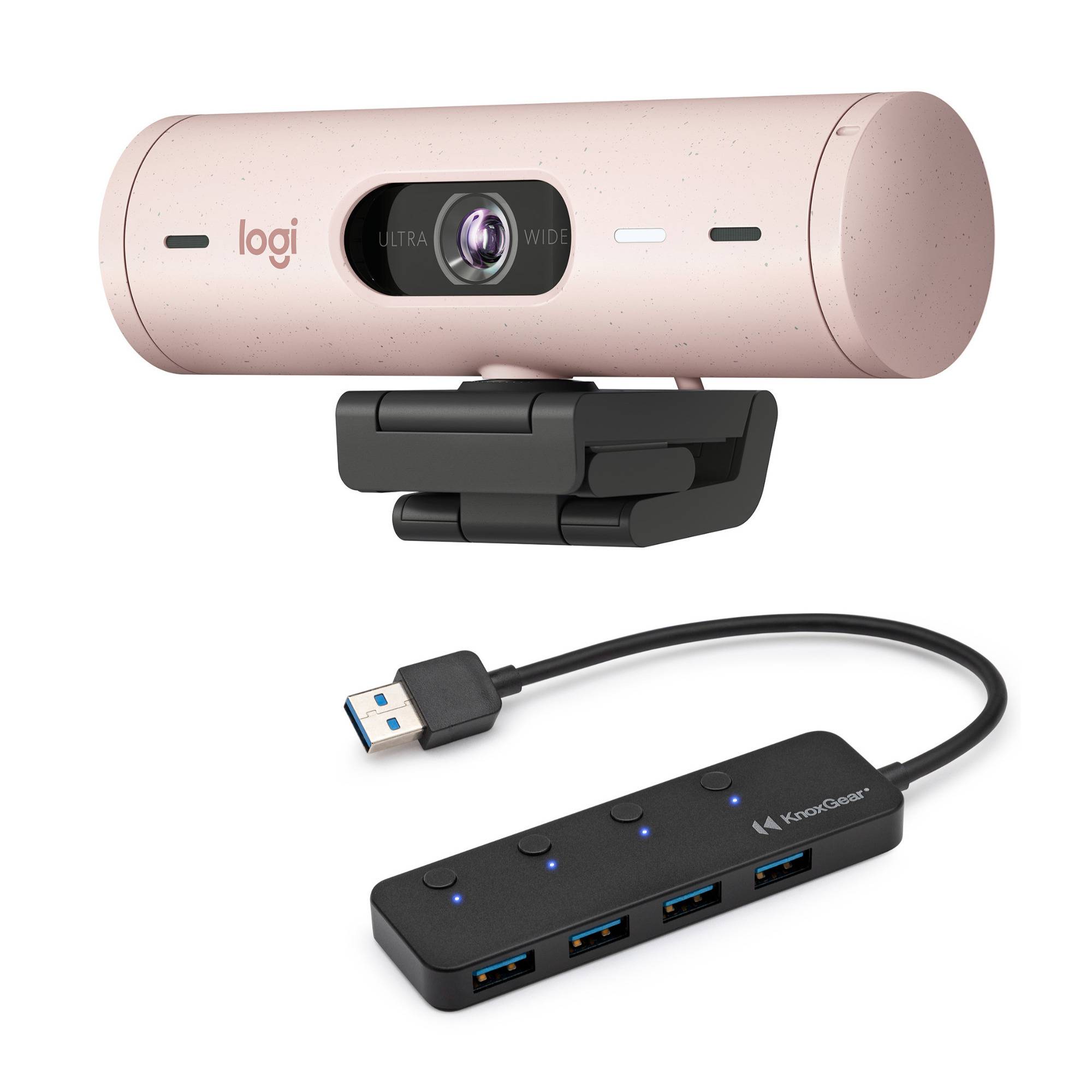 Logitech Brio 500 1080p Full HD Webcam Webcam (Rose) Bundle with 4-Port 3.0 USB Hub