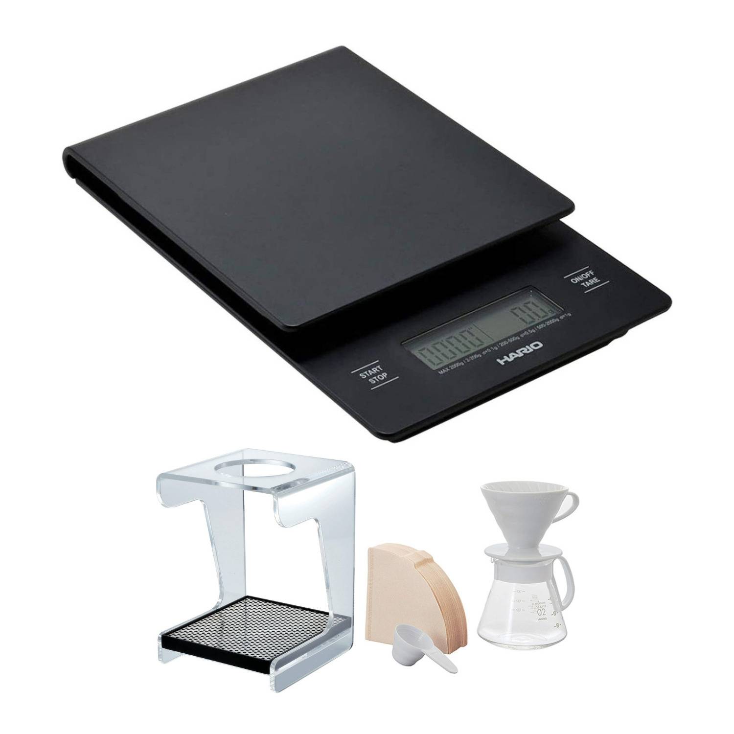 Hario V60 Drip Coffee Scale and Timer (Black) with Drip Station and Pour-Over Set