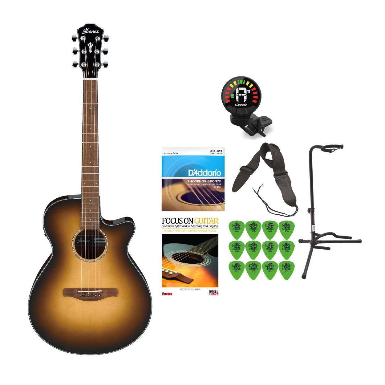 Ibanez AEG50 Acoustic-Electric Guitar (Right Hand, Dark Honey Burst) Bundle