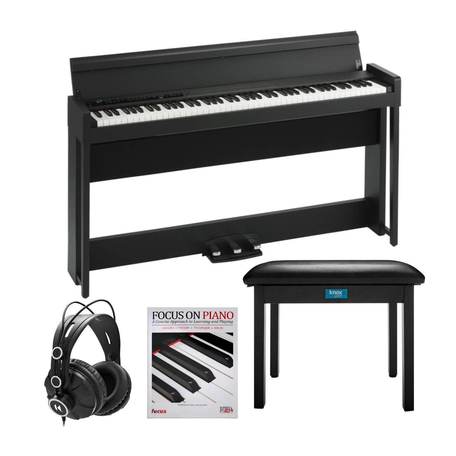 Korg C1 88-Key Digital Piano (Black) with Flip-Top Bench with Headphones, and Learn To Play Book