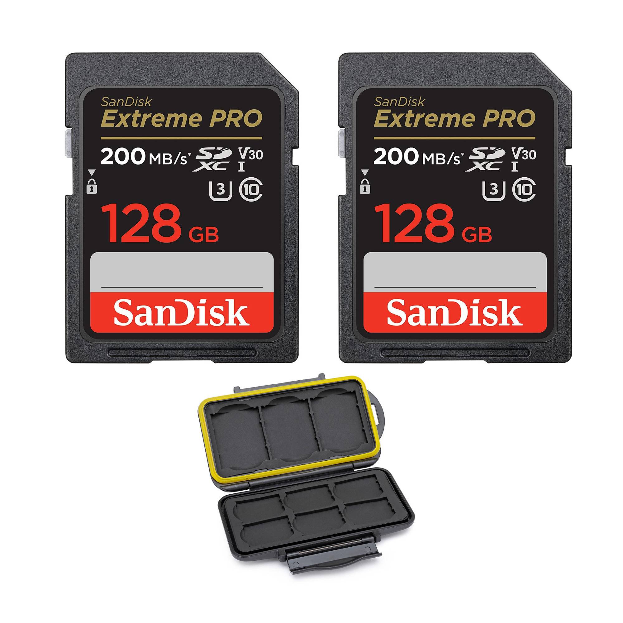 SanDisk 128GB Extreme PRO 200MB/s SDXC UHS-I Memory Card (2-pack) with Koah Pro Memory Case Bundle