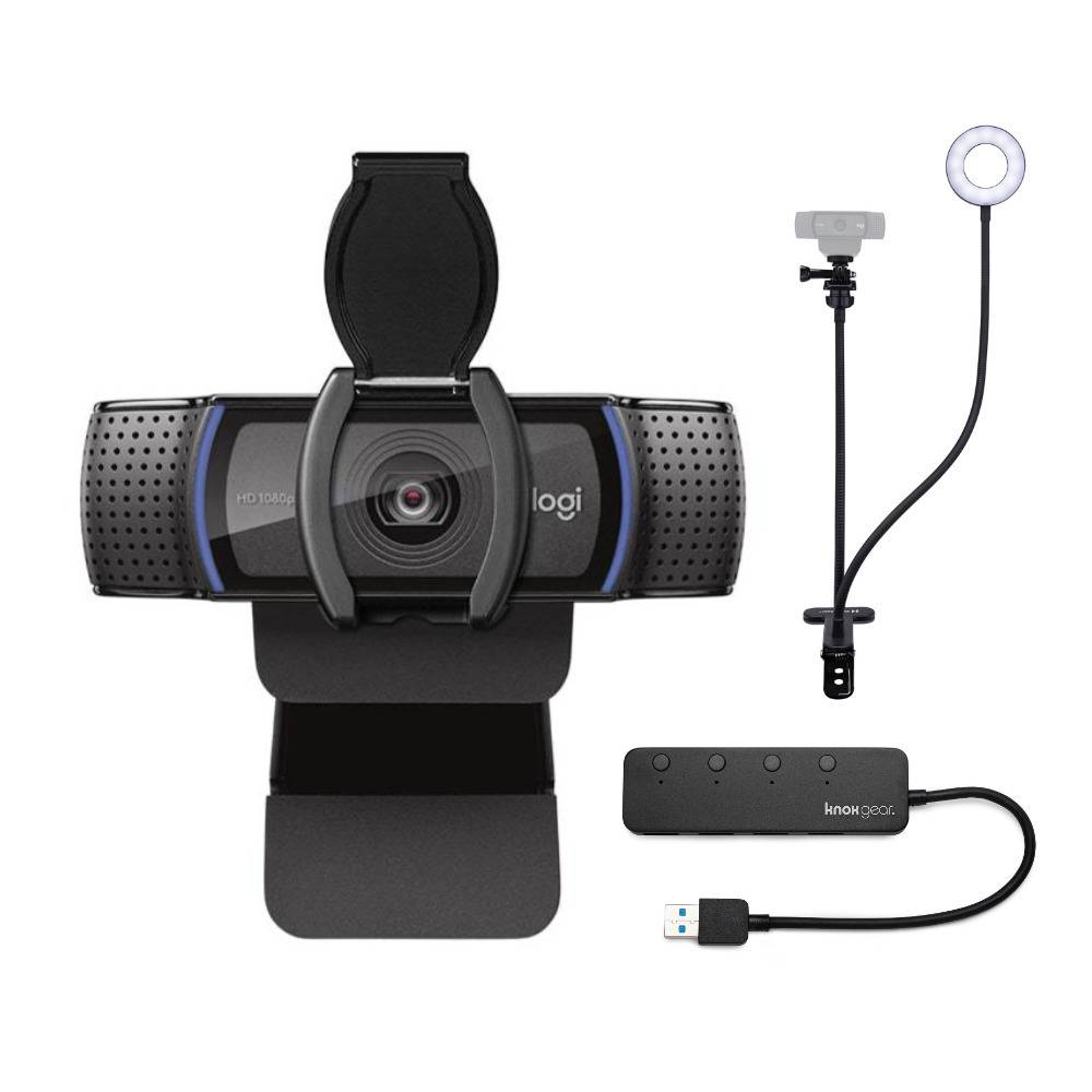 Logitech C920S Pro HD Webcam with Knox Gear Webcam Stand with Selfie Ring Light and 4-Port USB Hub